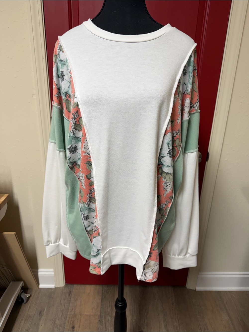7th Ray White Pullover Sweatshirt with Coral Floral & Mint Panels